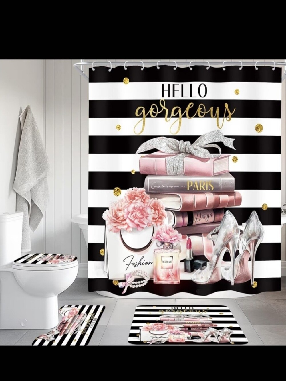 4pcs Set Hello Gorgeous Pink & Black Bath Shower Curtain And Mats - Picture 1 of 4
